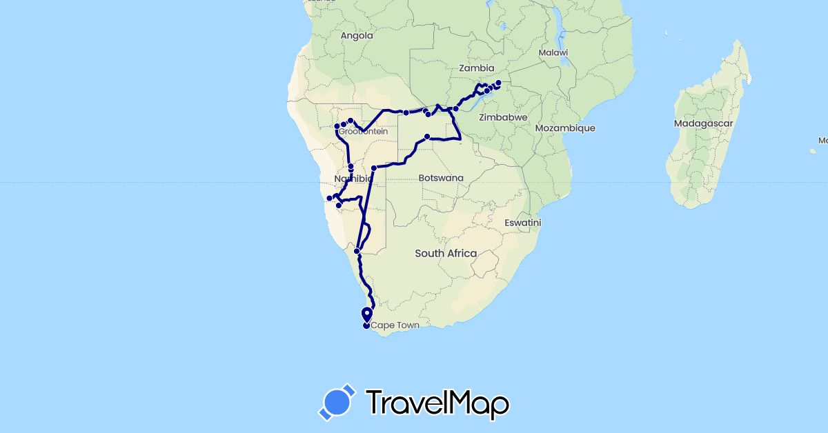 TravelMap itinerary: driving in Botswana, Namibia, South Africa, Zambia, Zimbabwe (Africa)